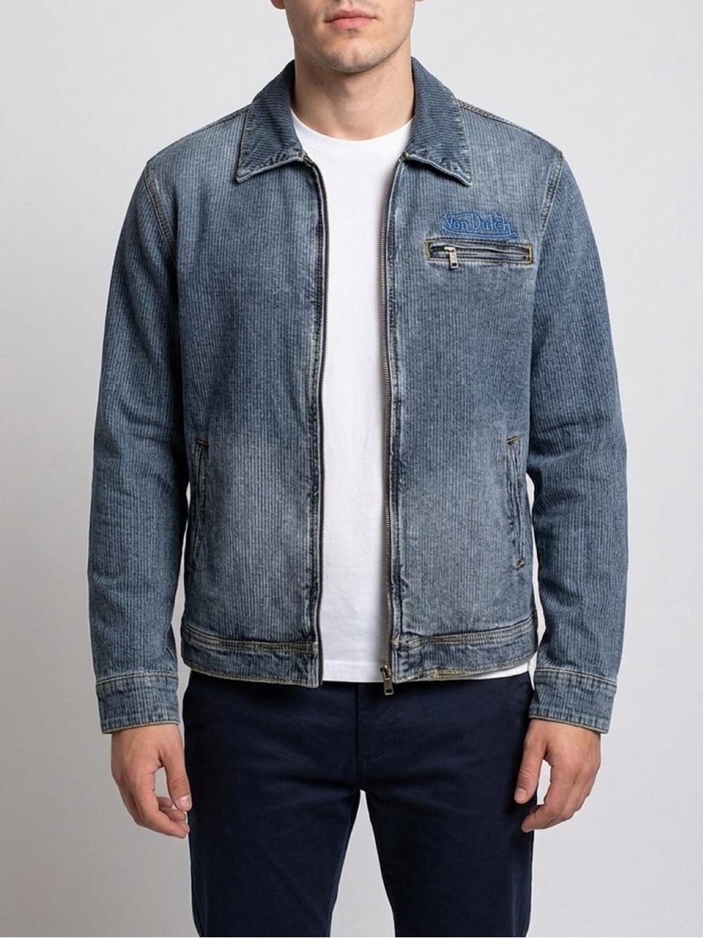 NWT Von Dutch Striped Denim Full-Zip Jacket Blue Size M